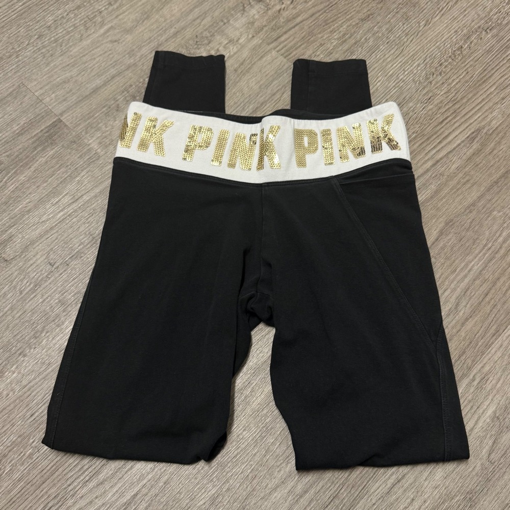 Pink Victoria's Secret Yoga Leggings Black Gold Sequin Logo Waist Small